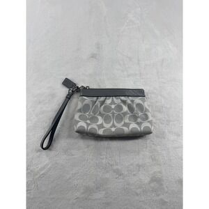 Coach Signature Pleated Canvas Wristlet Women's Gray Leather Strap Zipper Purse